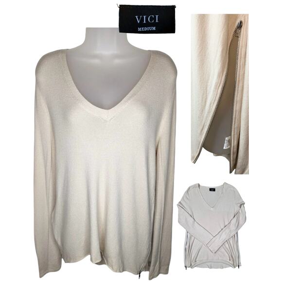 VICI Cashmere Sweater Long Sleeve Women's Medium Cream Zipper Sides Boxy V-Neck - Picture 1 of 14